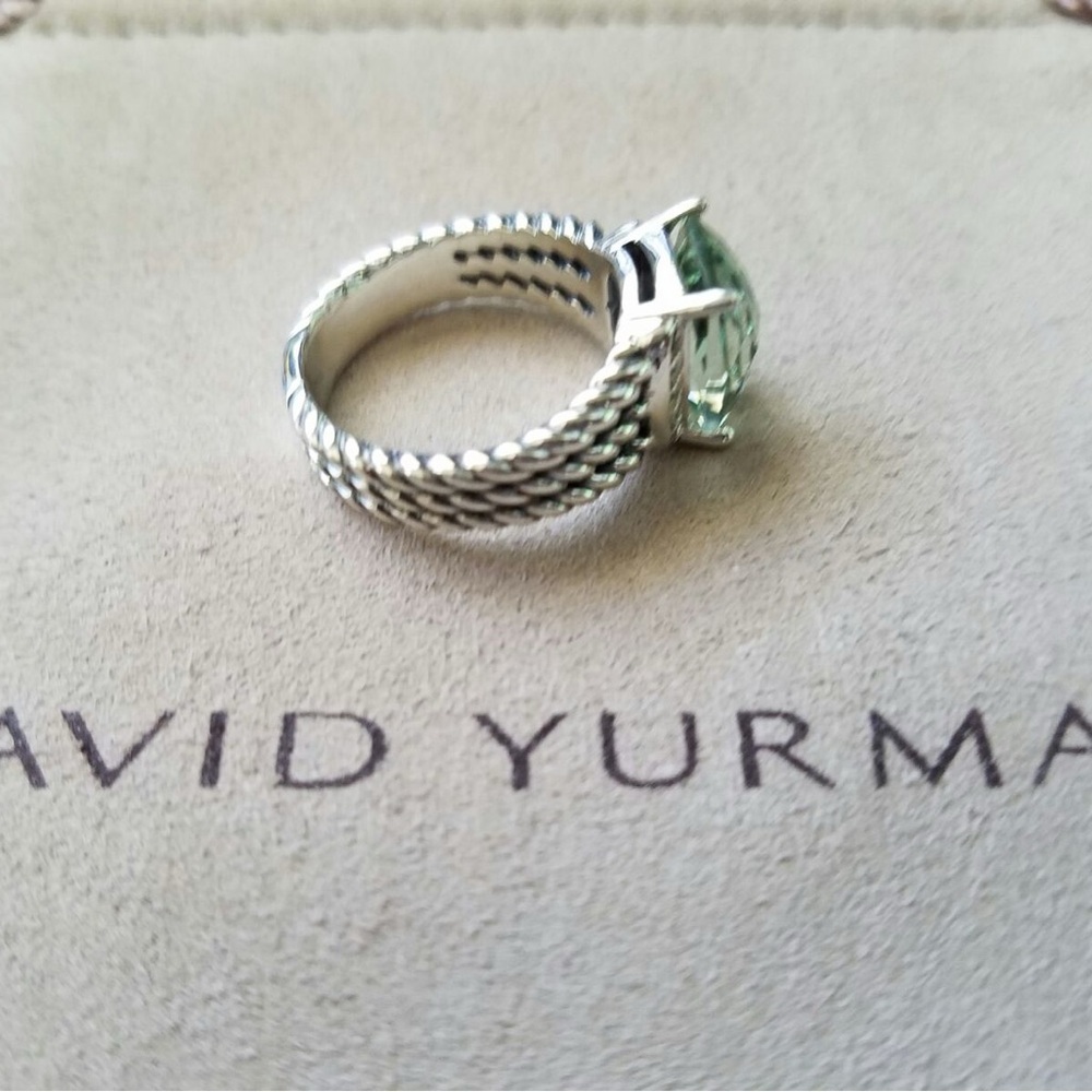 David Yurman Silver Cable Ring with Light Green Cushion Gem - Picture 4 of 5